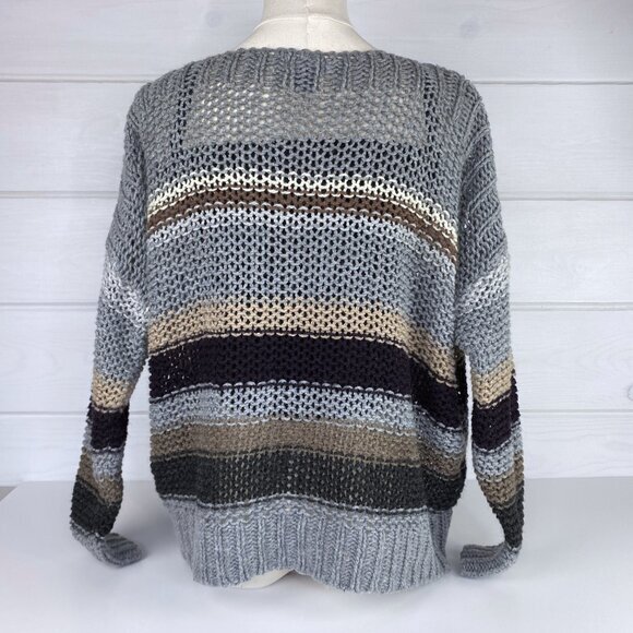 Open Knit Stripe Sweater S Boxy Oversized Boho Chic Bohemian Neutral Earthy Fall - Picture 7 of 8
